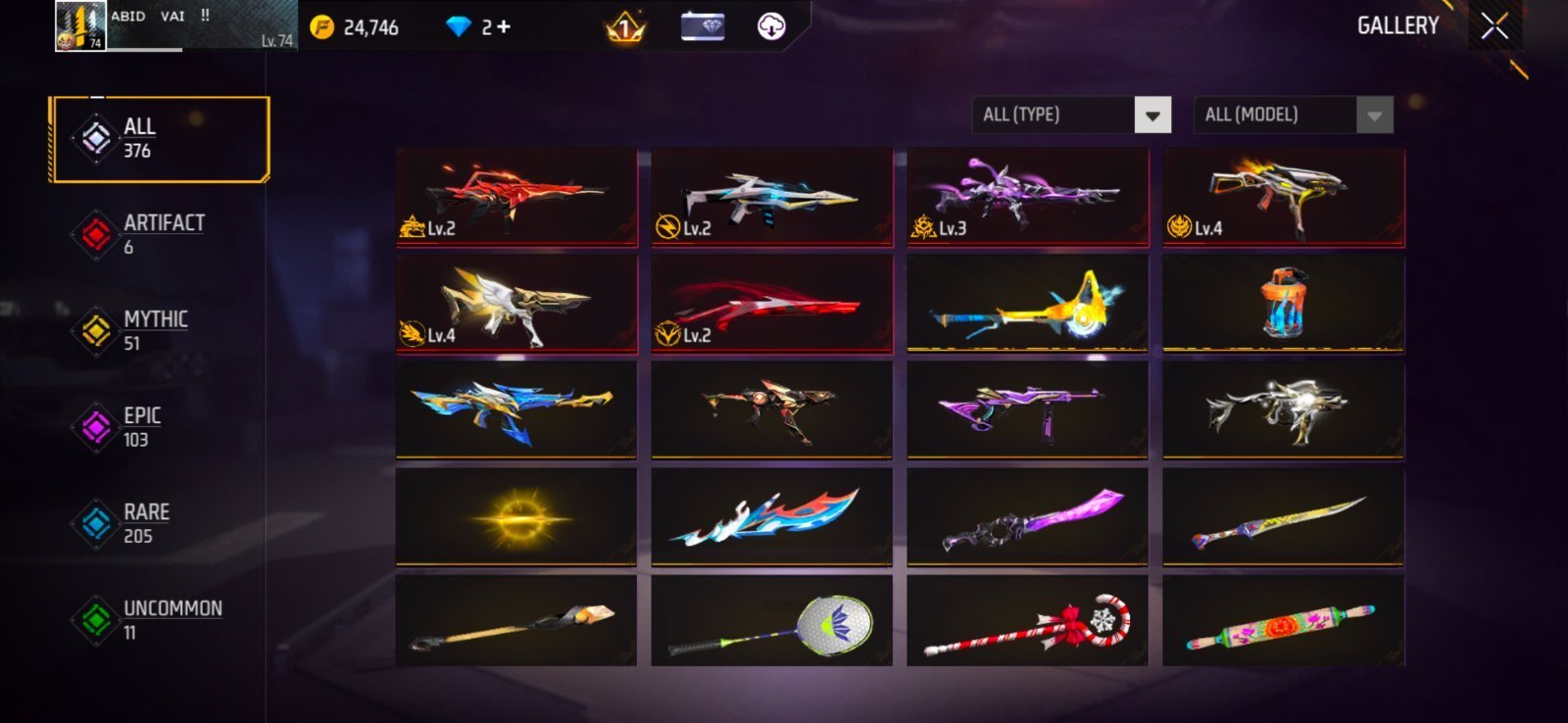 Free Fire Premium ID | Lv.  74| Evo Gun 6