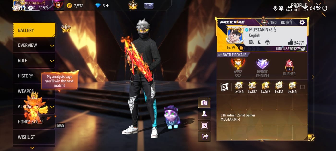 Free fire account / LV 79 / Vault 600+ / emot 147