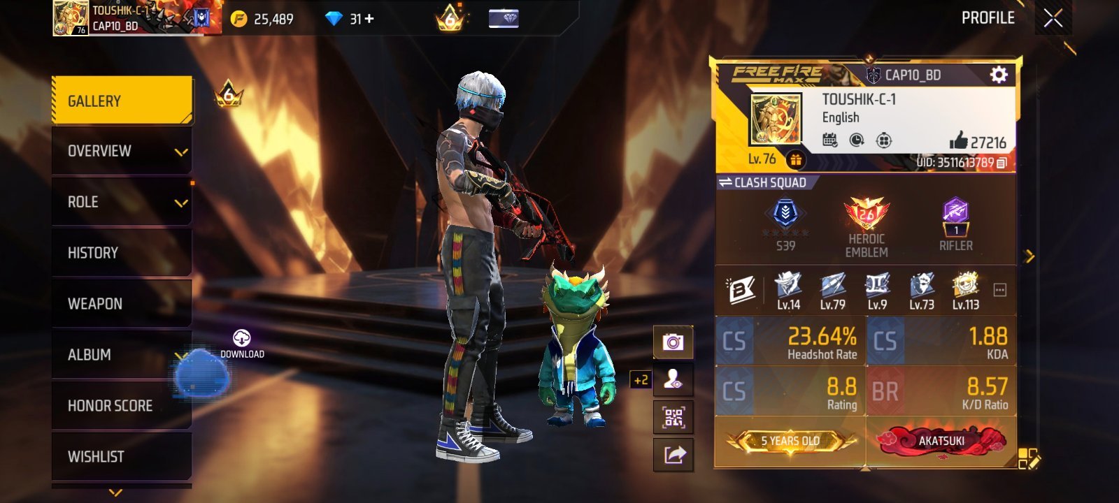 76 level , 27k + likes , 5 years old , old elite pass Golden profile , prime 6 ,