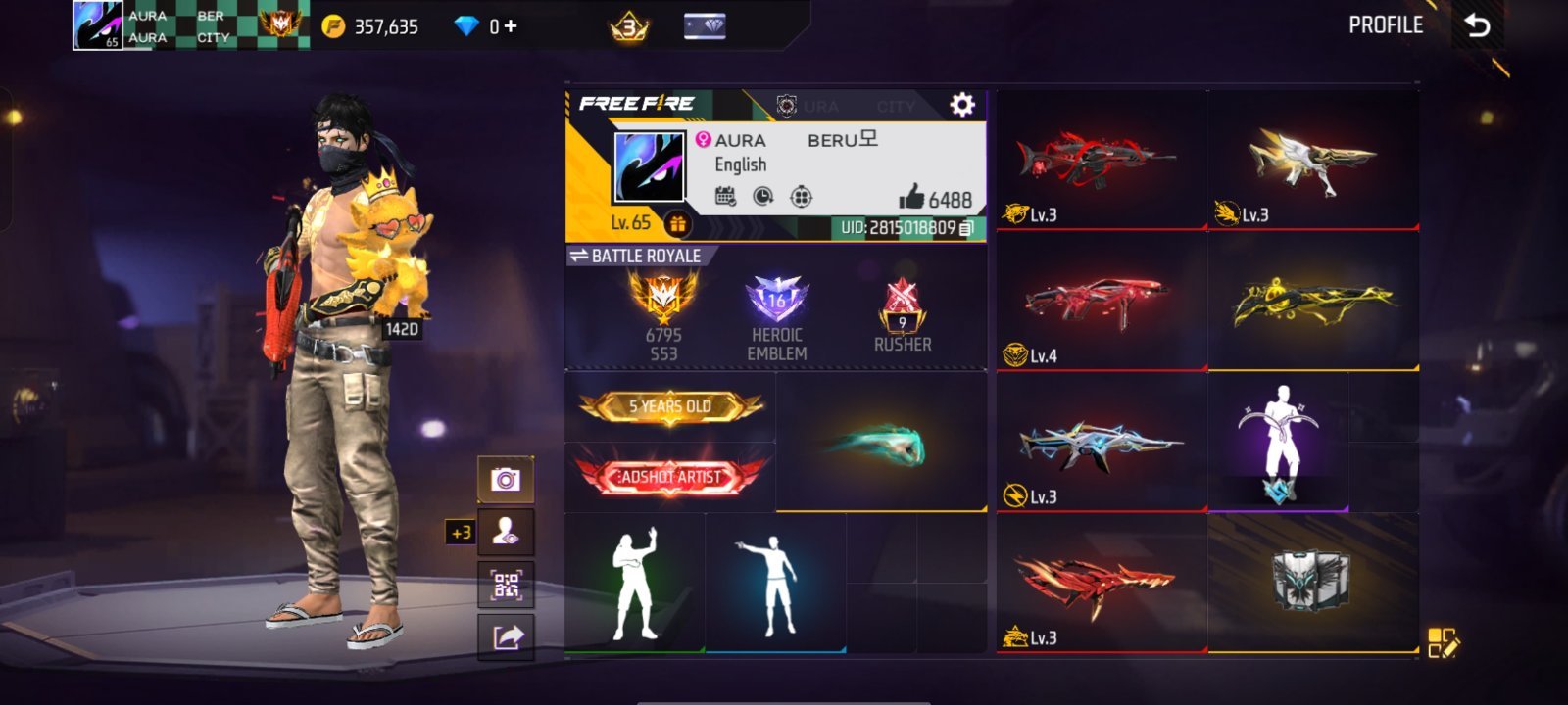 Lv 65 | 5 Evo Gun | 56 Bundle | 35 Emote | Master