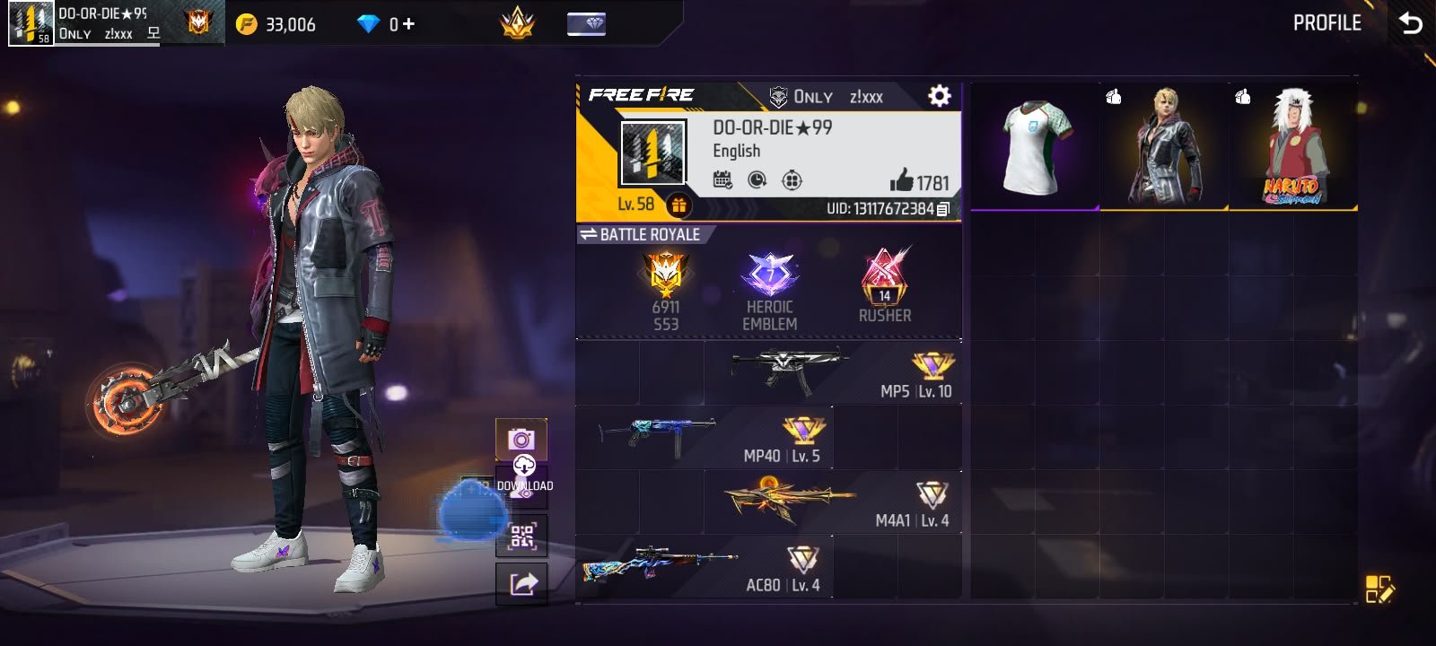 Free fire id level 58