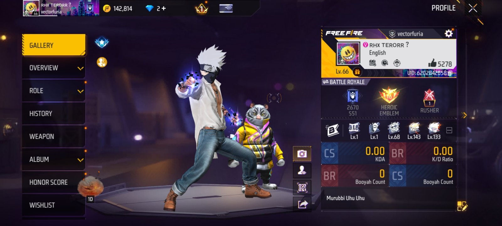 Level 66 Free Fire Account। Heroic CS Rank। 5278+ Likes আছে। 142K+ Gold রয়েছে।