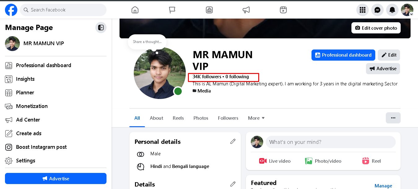 🔥 Facebook Page for Sale 🔥  MR MAMUN VIP Facebook Page is available for sale.
