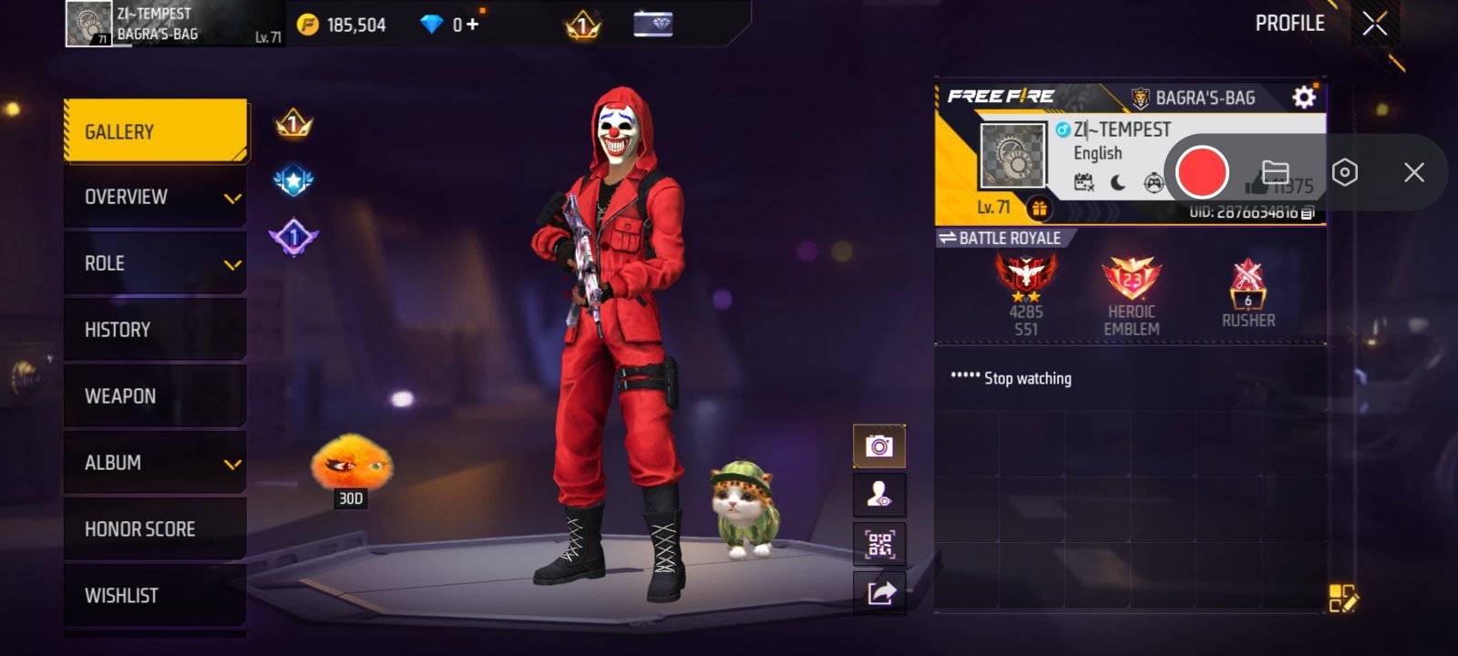 Free fire account 71 level Heroic Red Crimnal