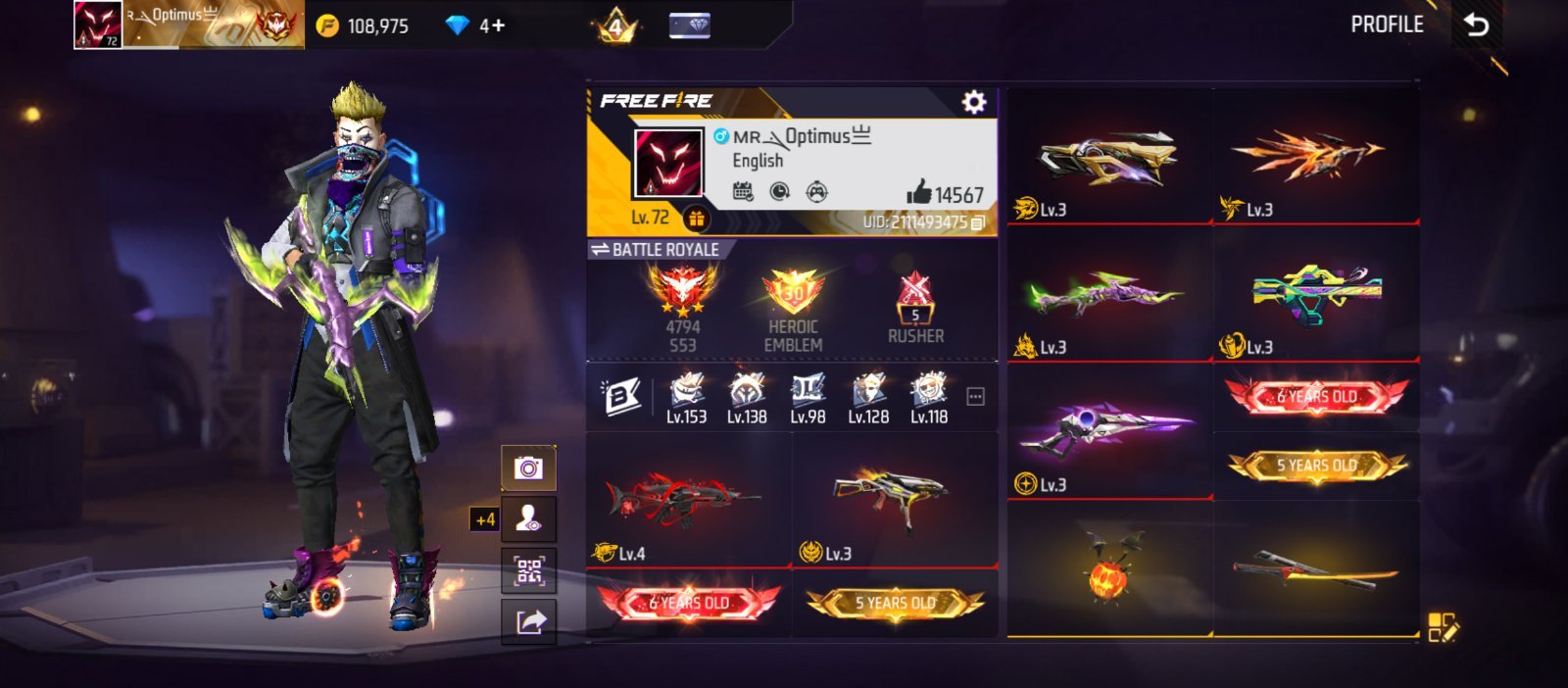 6 Years Old | Lv.72 | Rare Evo Guns & Old Elite Pass