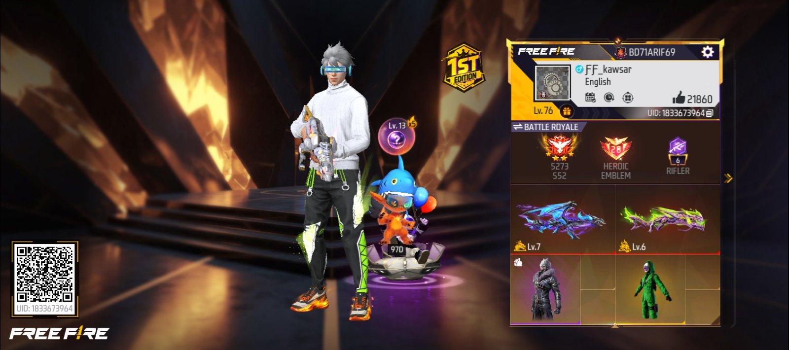 Free Fire ID – Level 76, Heroic, Evo Gun 10