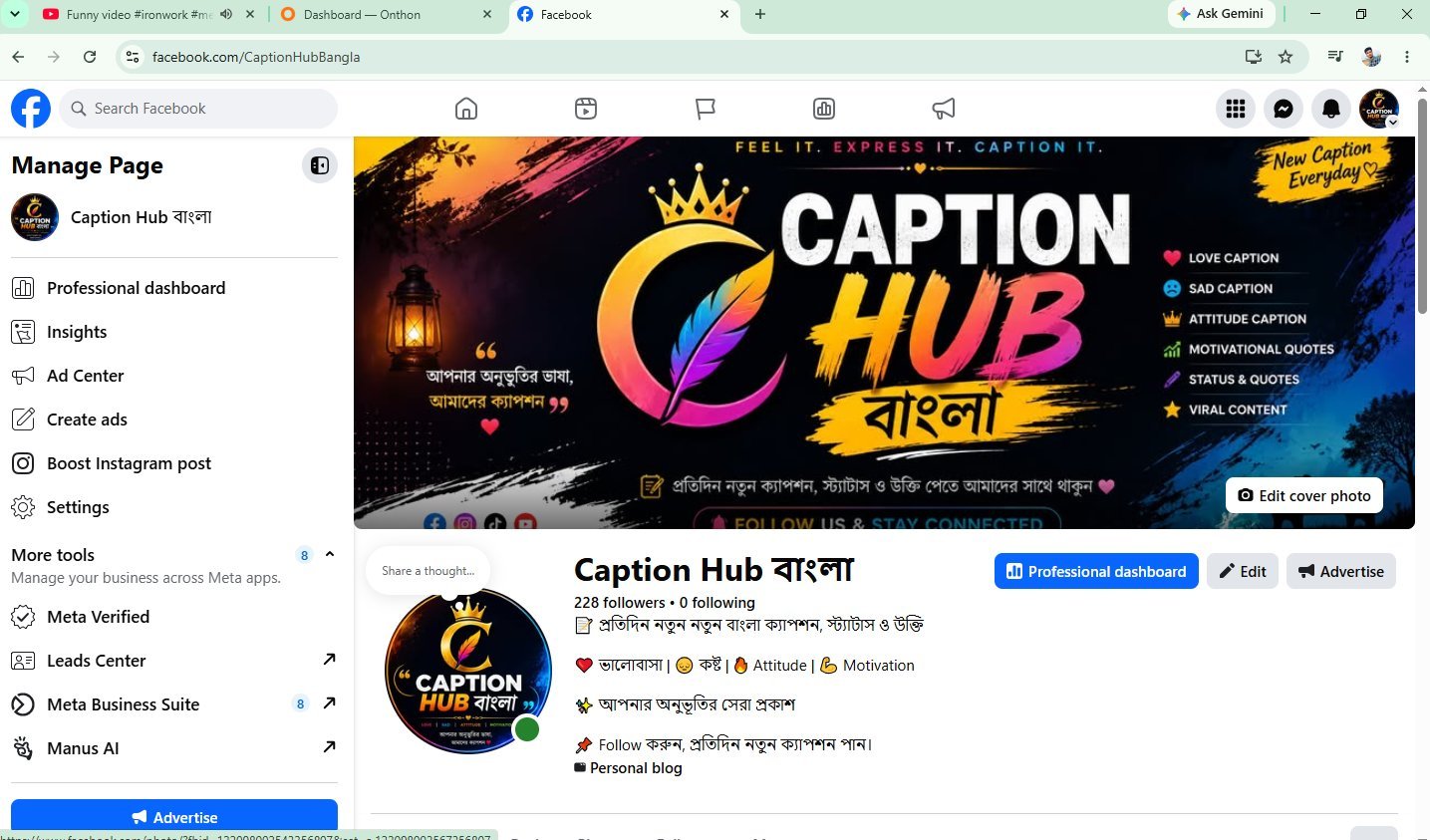🔥 Caption Hub বাংলা – Ready Facebook Page | 228 Followers | Active Page