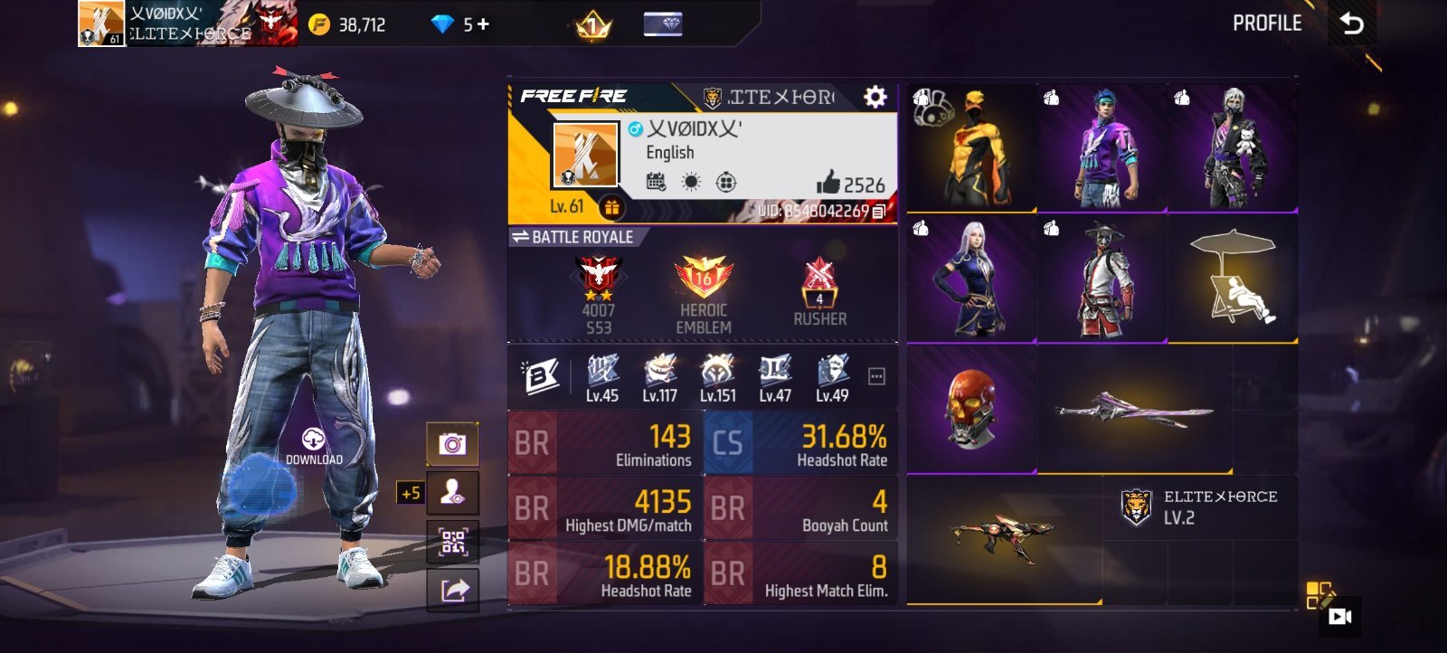 FF Account for Sale — 16 Heroic, 2 Master (3.8k+ Diamonds Spent)