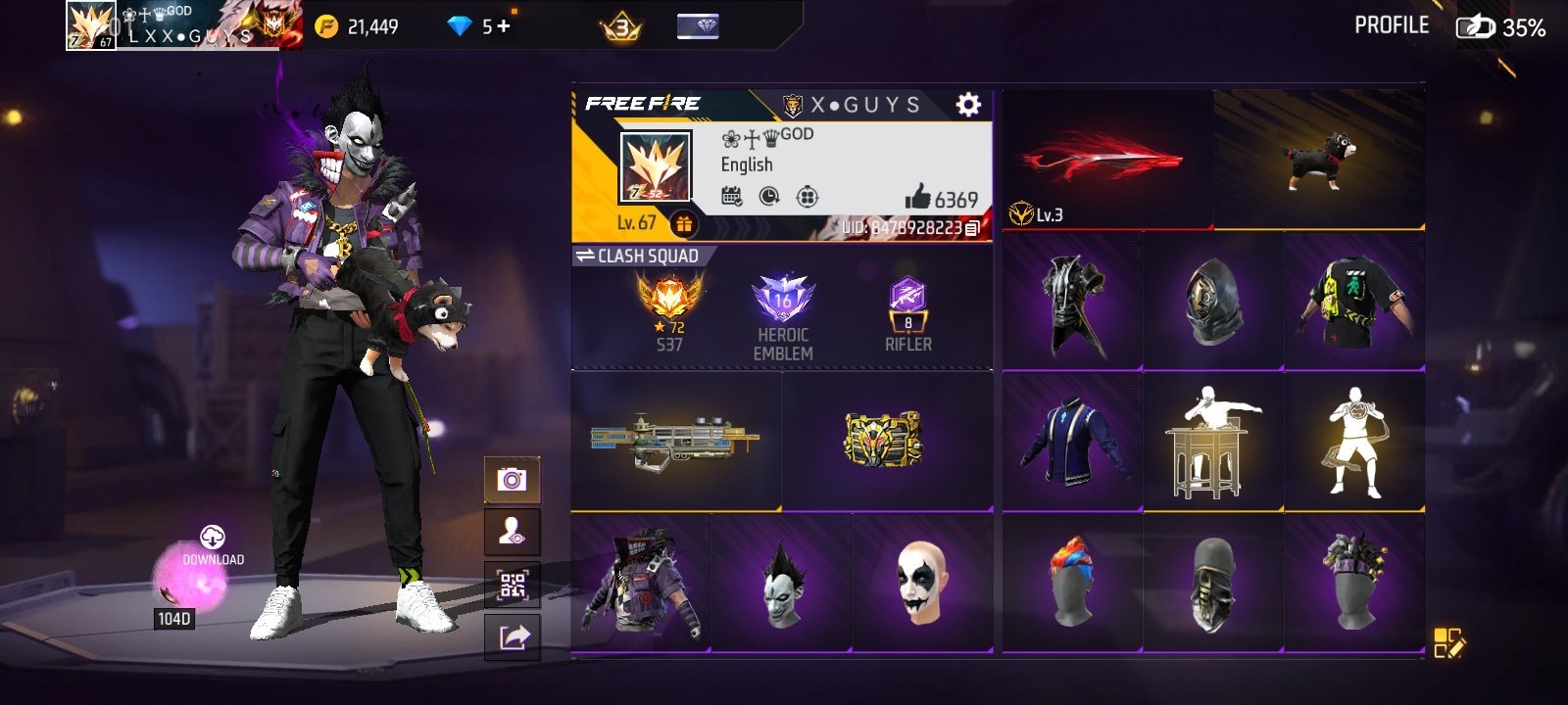 Free fire account 67 level prime level 3 and price 370