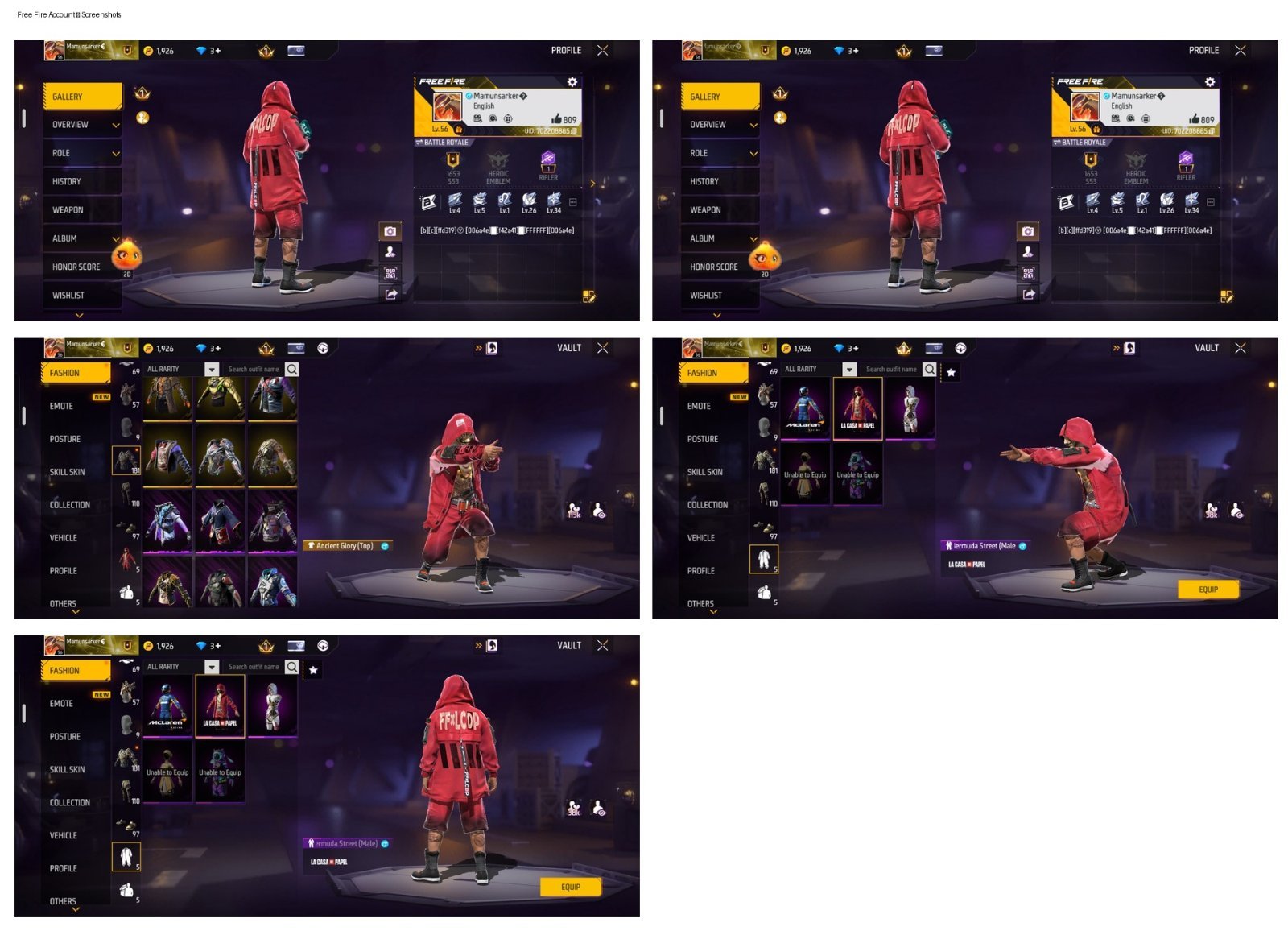 Free Fire Lv.56 — Rare Bundles, La Casa de Papel, McLaren