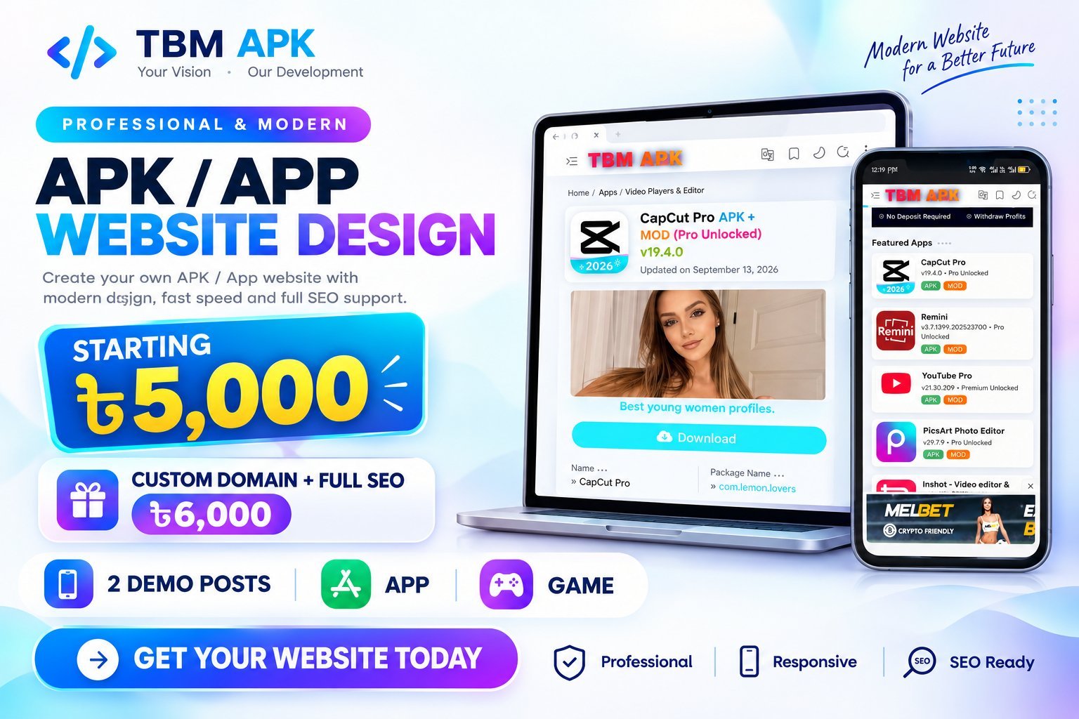 Professional APK App Website Design ৳5,000 | Custom Domain & SEO ৳6,000