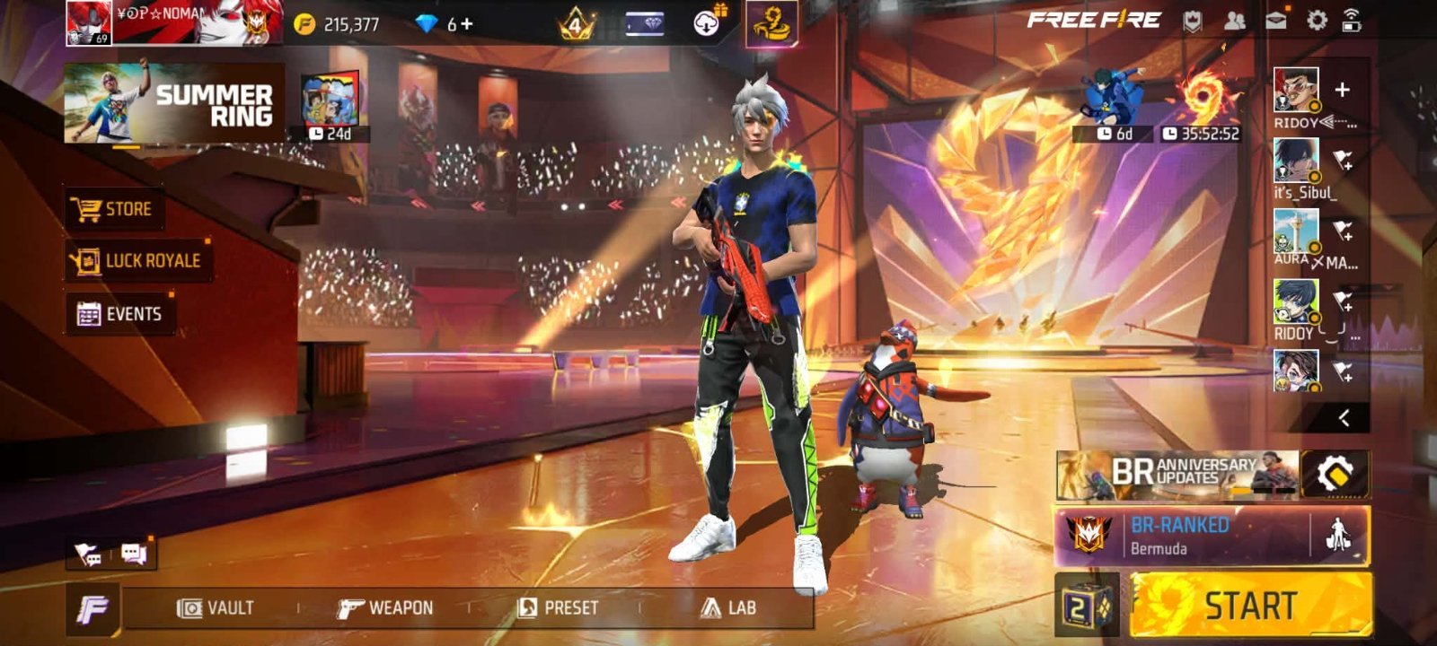 Free fire id 69 level, putple shade bundle+ 11 evo guns etc