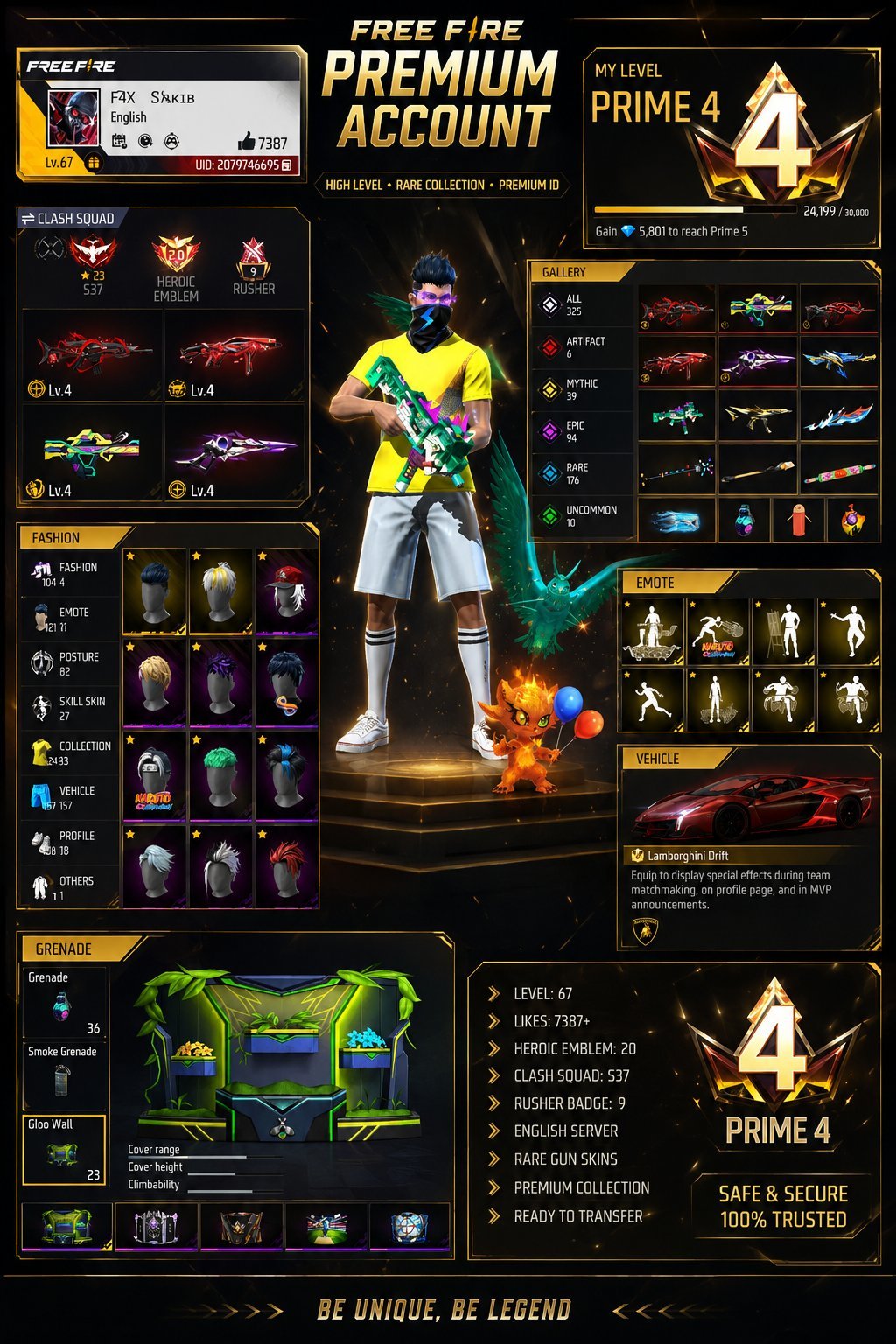 🔥 Free Fire Premium ID | Lv.67 | Prime 4 | 325+ Collection | Evo Gun |Rare Emot