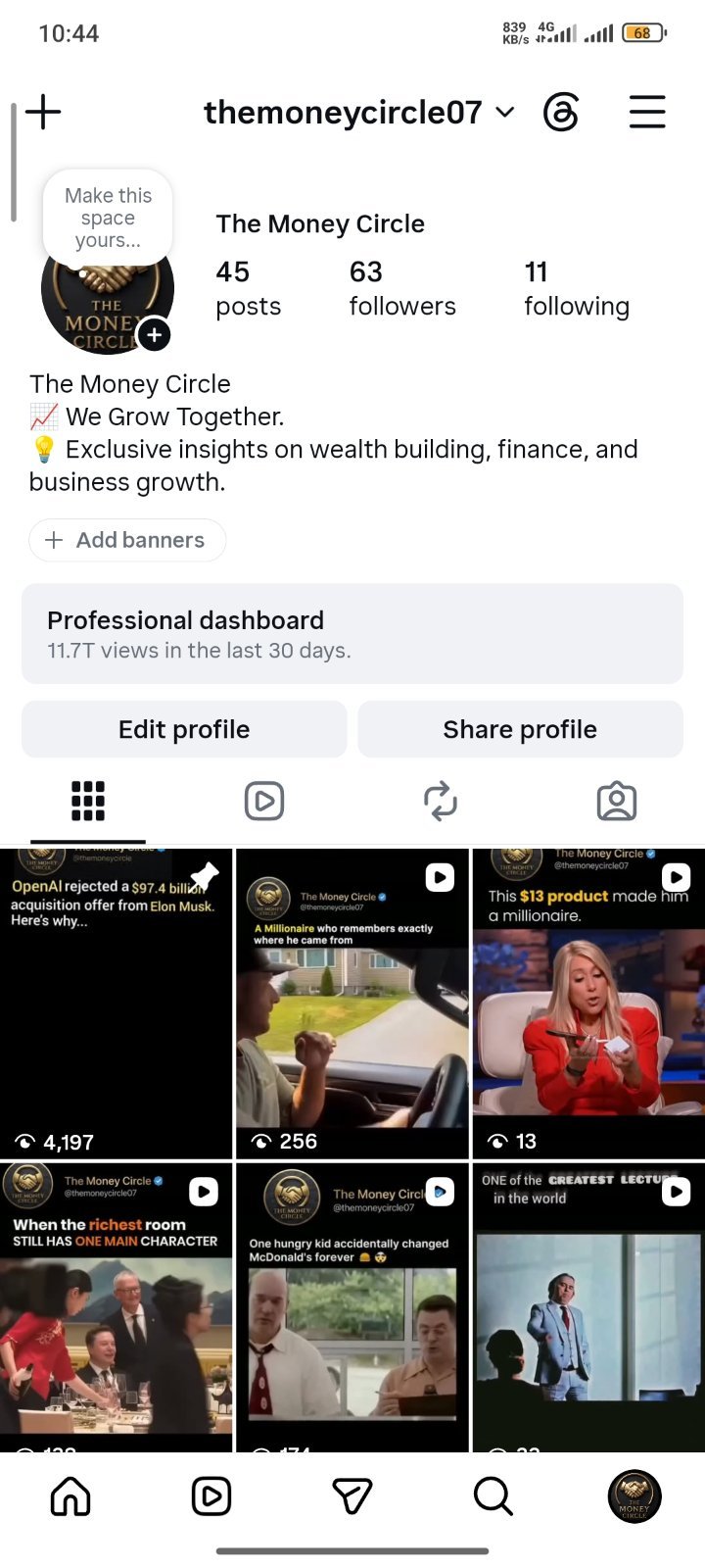 Finance & Money Instagram Page — 11.7K Monthly Views