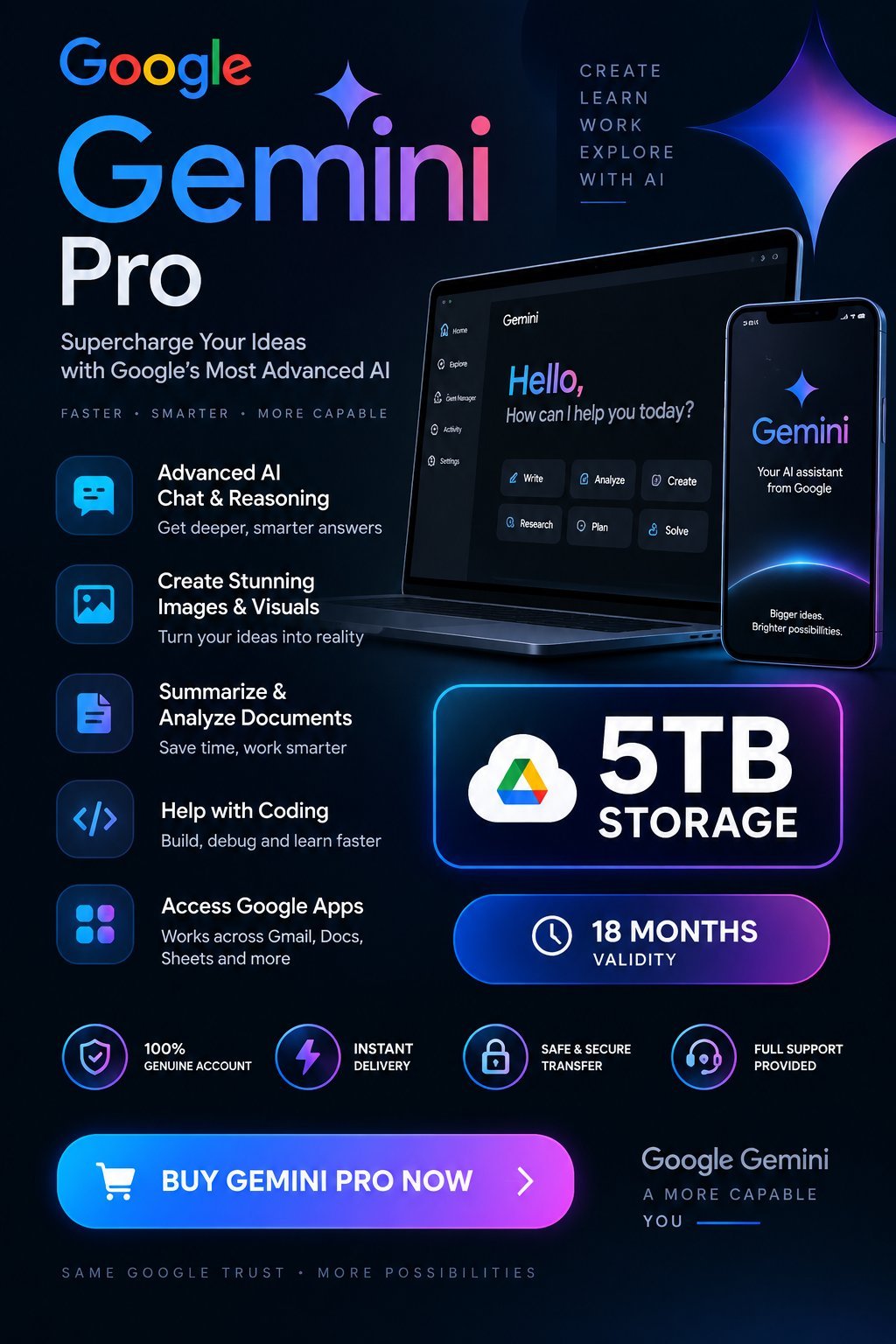 🔥 Google Gemini Pro 18 Months | 5TB Cloud Storage | Premium AI Subscription 🚀