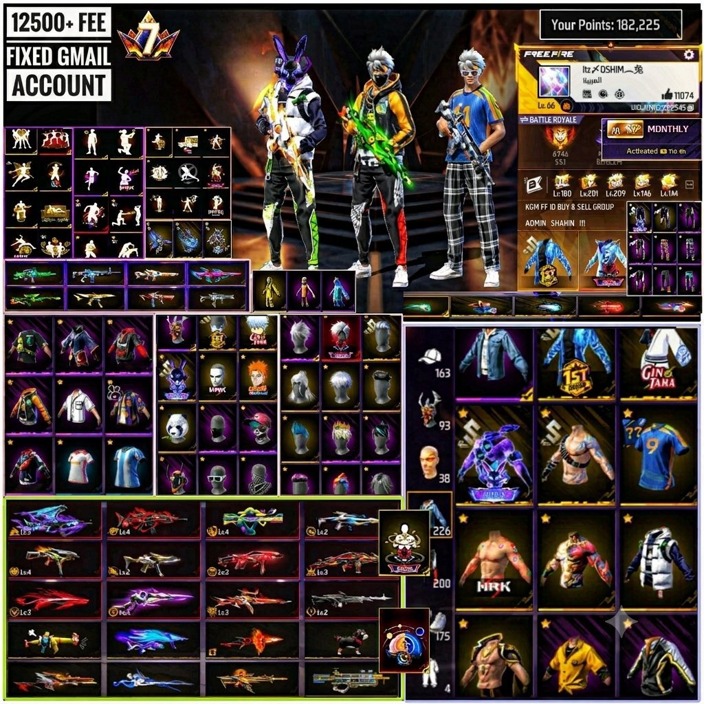 Premium Free Fire Account For Sale 12500TK Rare Skins High Level 66