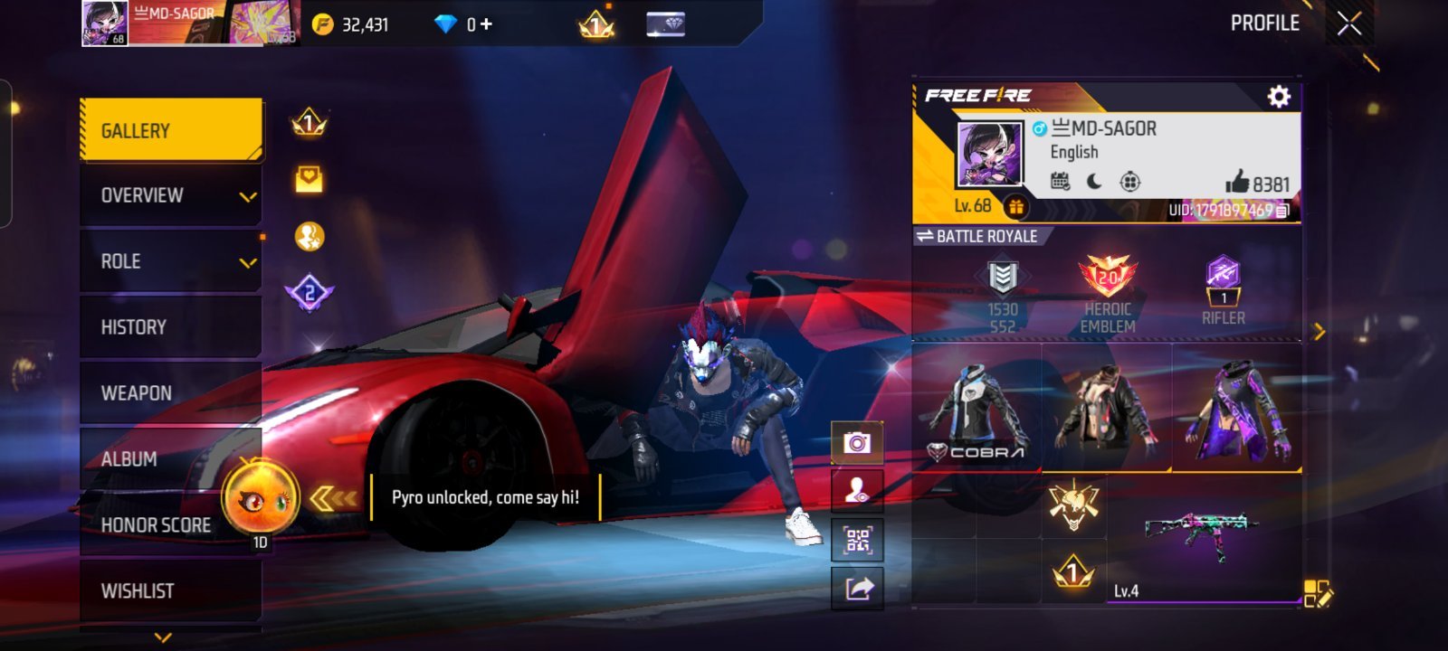 Free Fire Account,Cobra Bundel and old Elite pass 4/5 ta