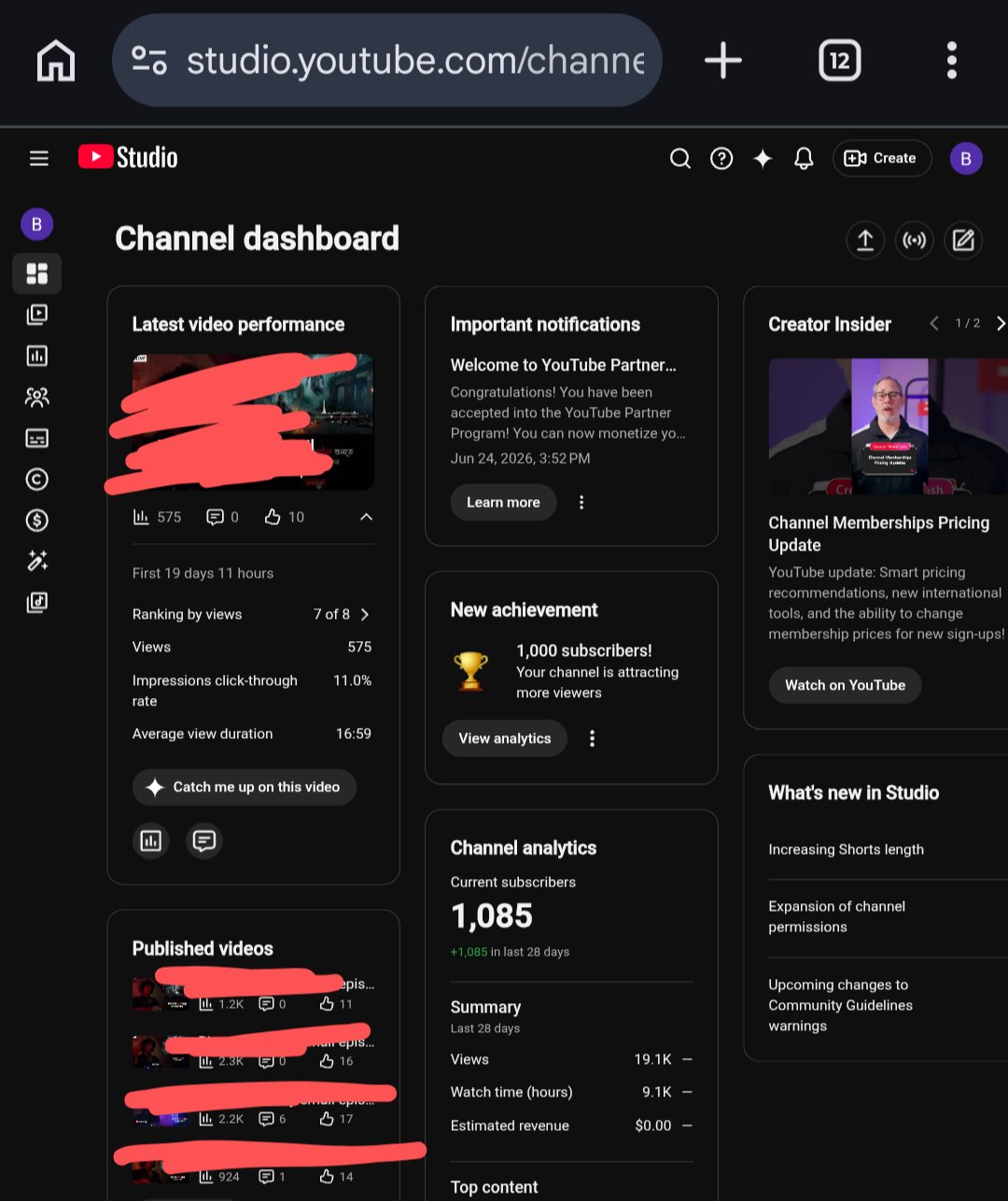 Monetized YouTube Channel | 1,062 Subscribers | 100% Organic Growth | No Strikes