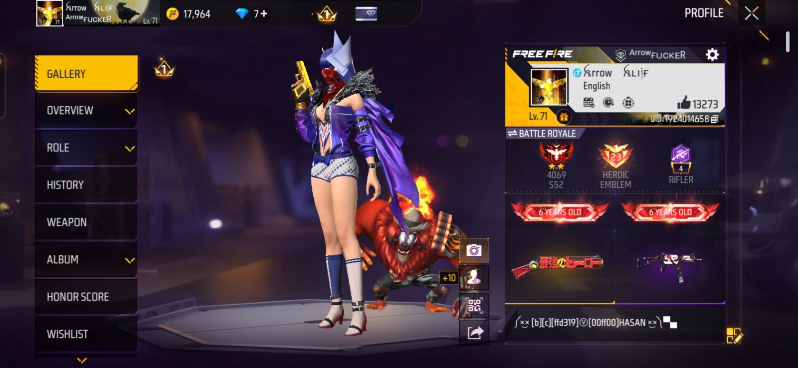 FreeFire 71 Level , 6 years OLD