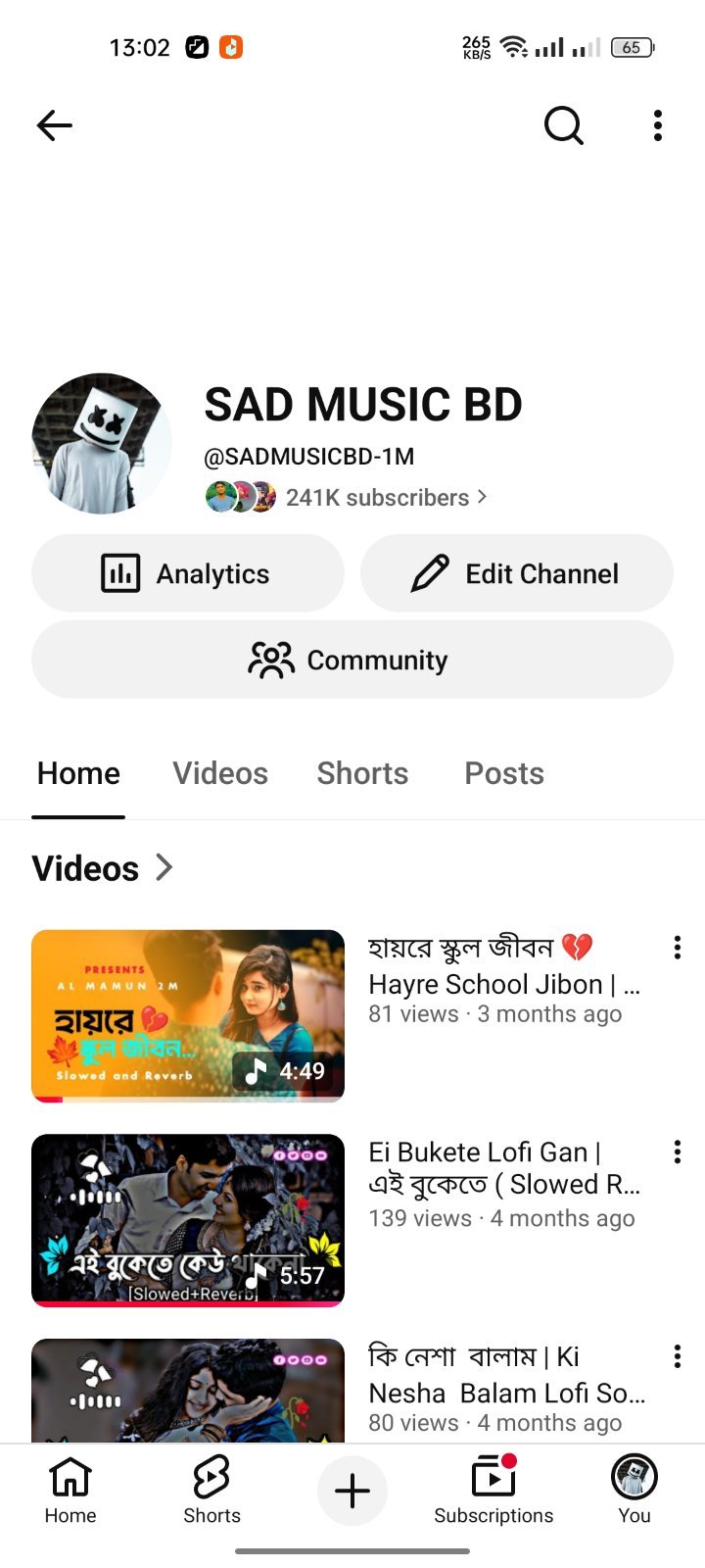 SAD MUSIC BD YouTube Channel - Subscriber 240k Non Monitize.