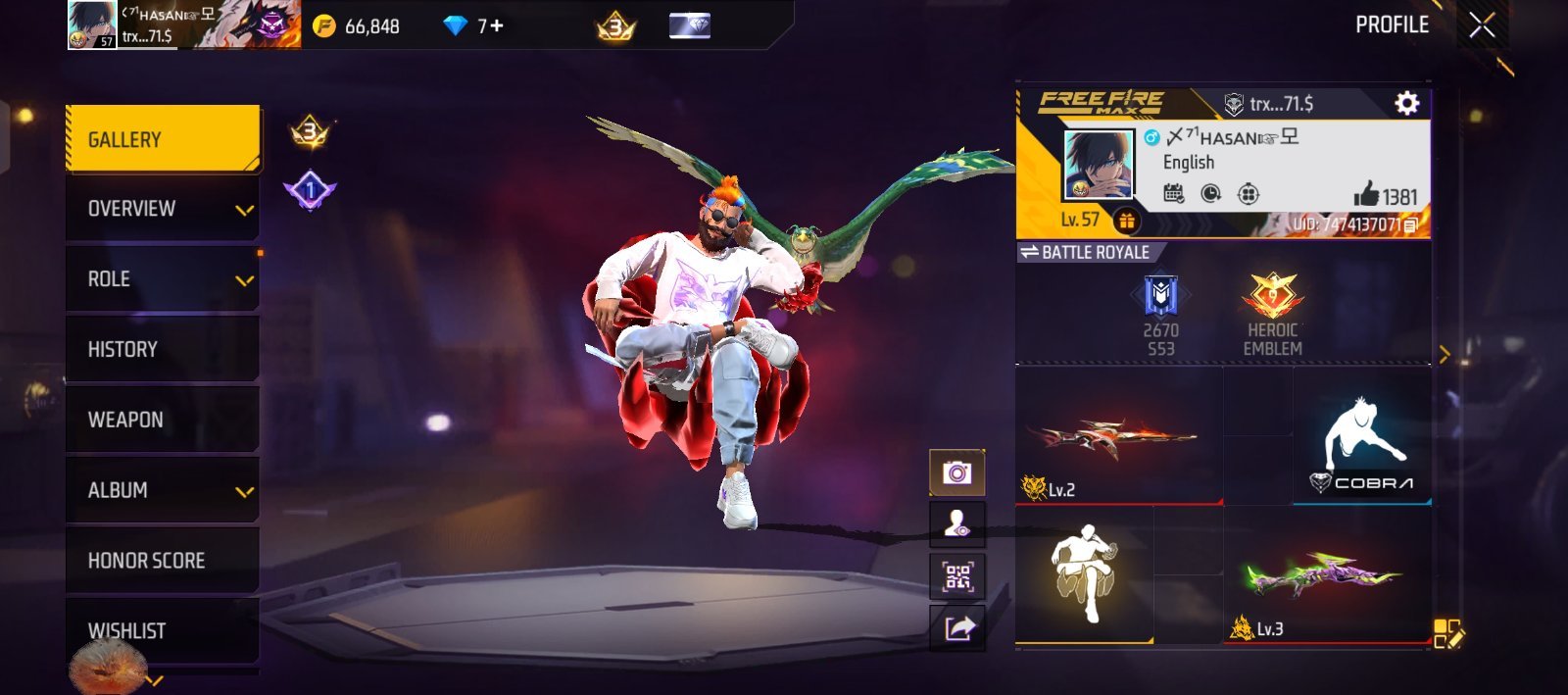 Free Fire Account — Heroic, Level 60,