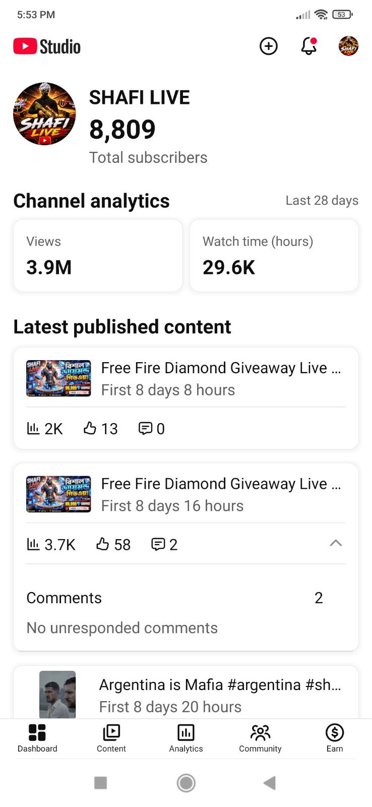 Free Fire Live stream channel 8.8k