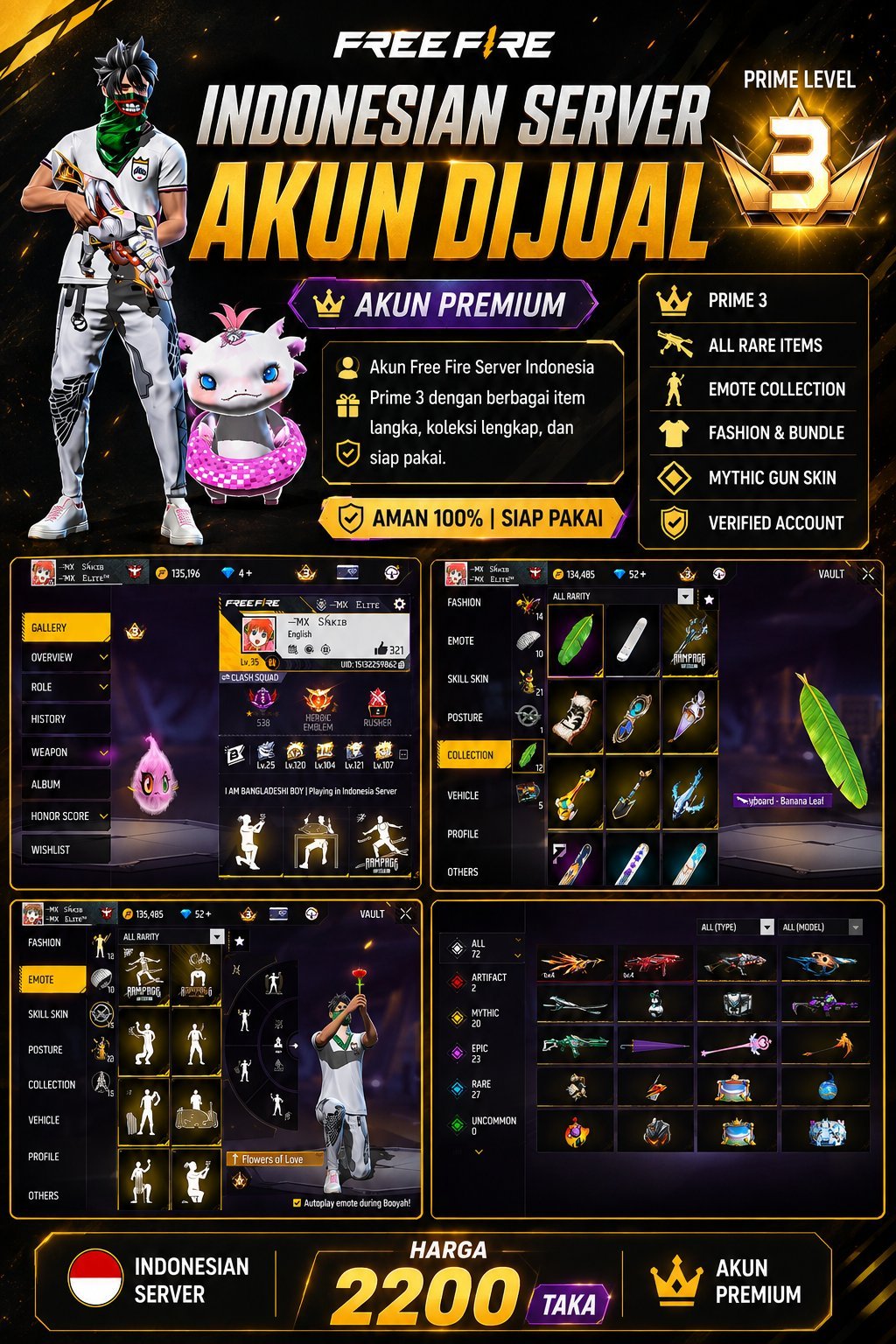 🔥 INDONESIAN SERVER PREMIUM ACCOUNT FOR SALE 🇮🇩 | PRIME 3 | PRICE 2200 TK 💰