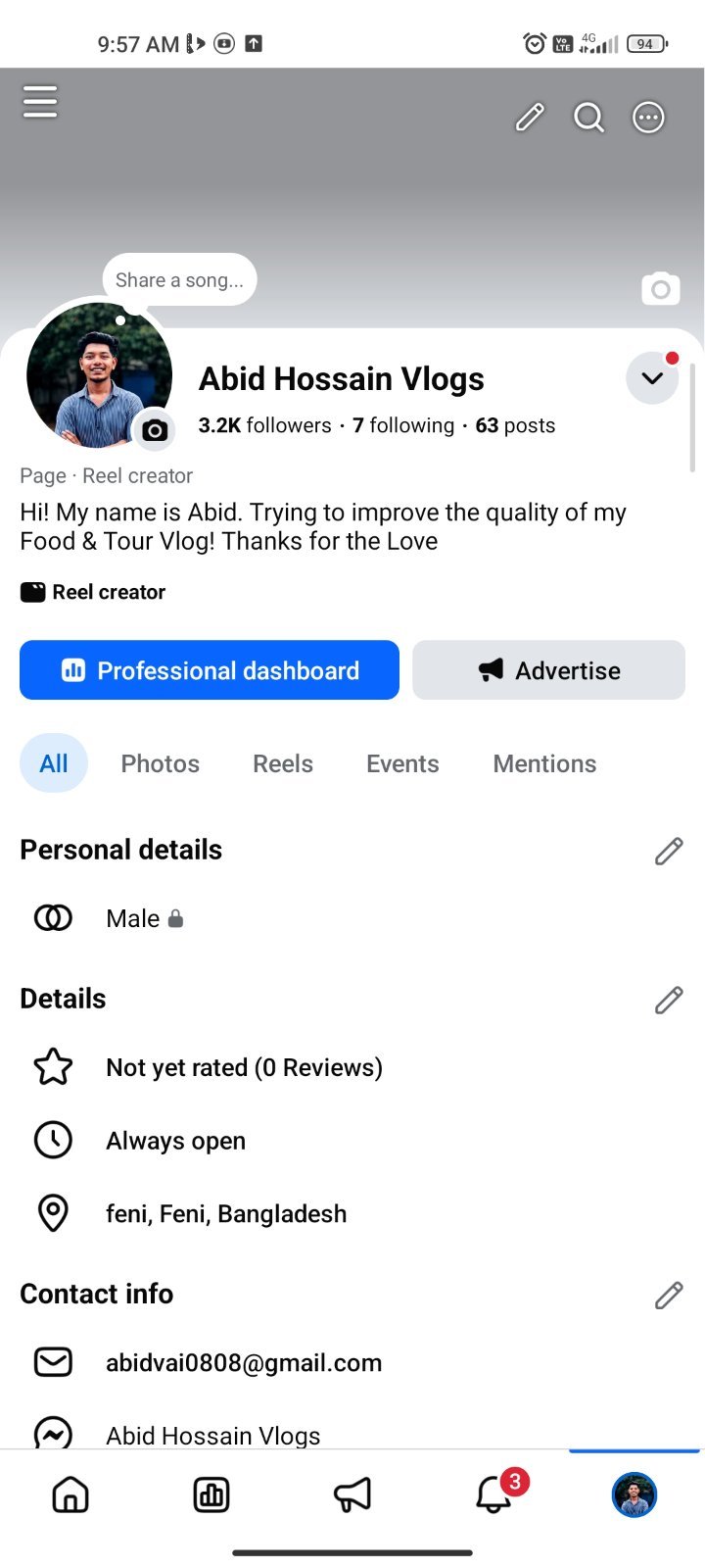 Vloging Facebook page 3.2k Organic Followers