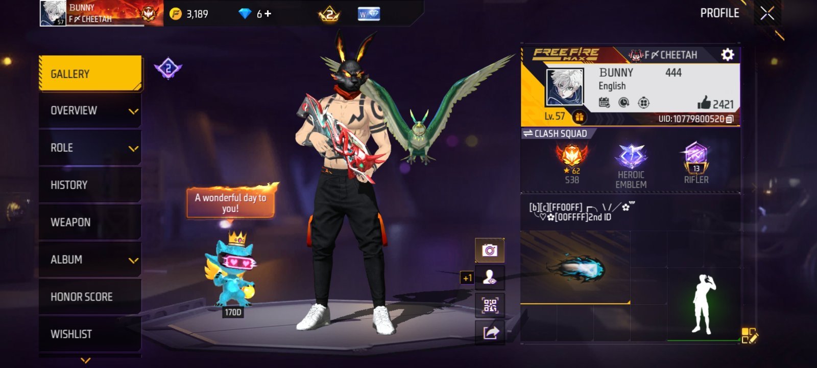 Free Fire ID Sell | Lv.57 | Heroic 62★ | FAMAS Evo Lv.3 | Rare Bunny Bundle 🔥