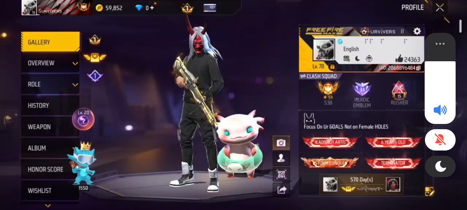 Free Fire Account — Level 78, Prime 6