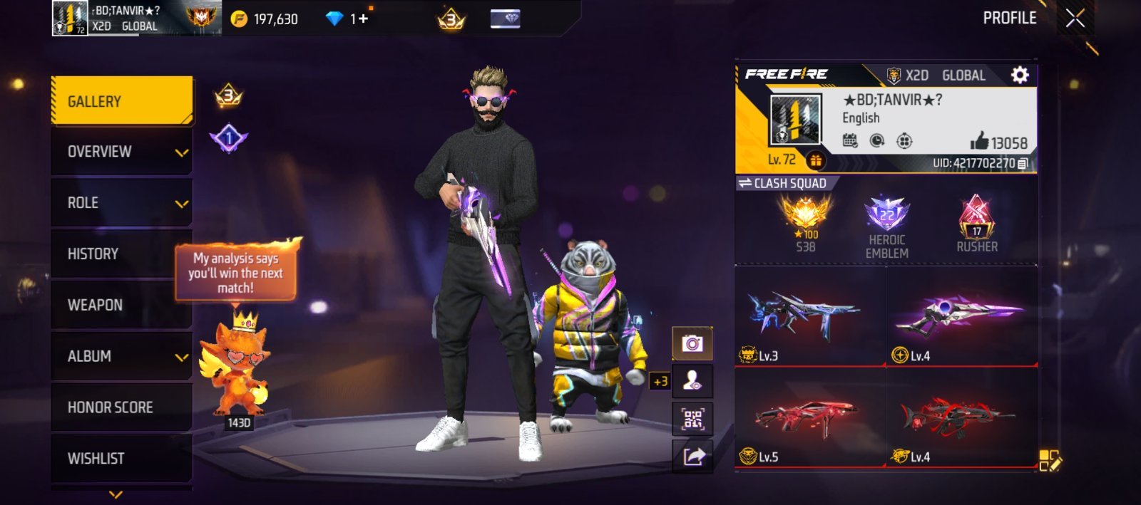 Free Fire ID - Grandmaster | Level 72 | Prime 5 & Evo Cobra