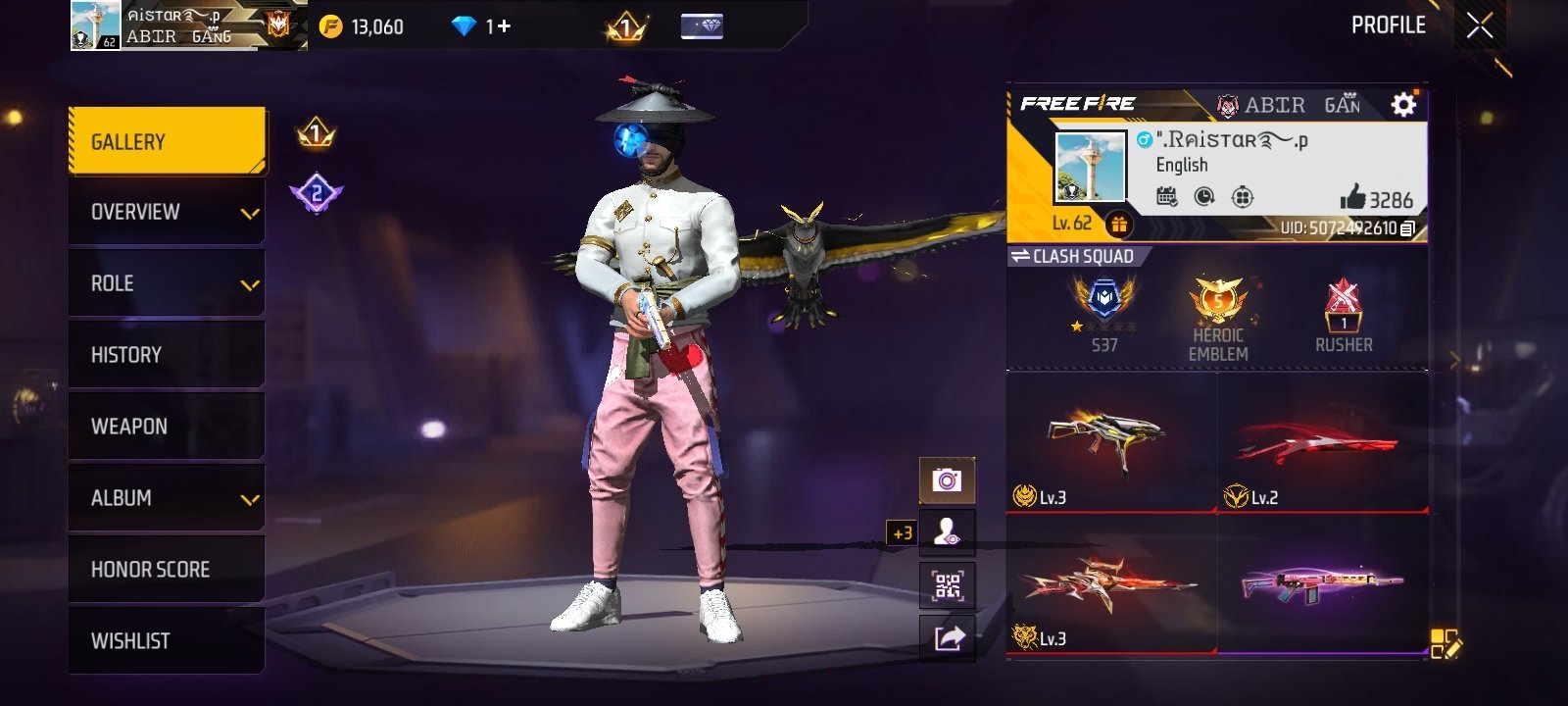 Level 62 Old FF Account | 11x BR Heroic, 5x CS Heroic | Evo Guns & Rare Emotes!