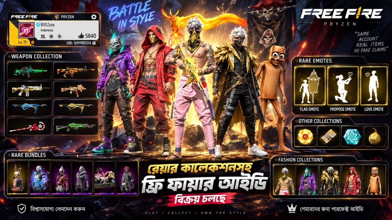👑 FREE FIRE ACCOUNT FOR SALE | LV.71 HEROIC ID | 50 EMOTE | 5.8K+ LIKE