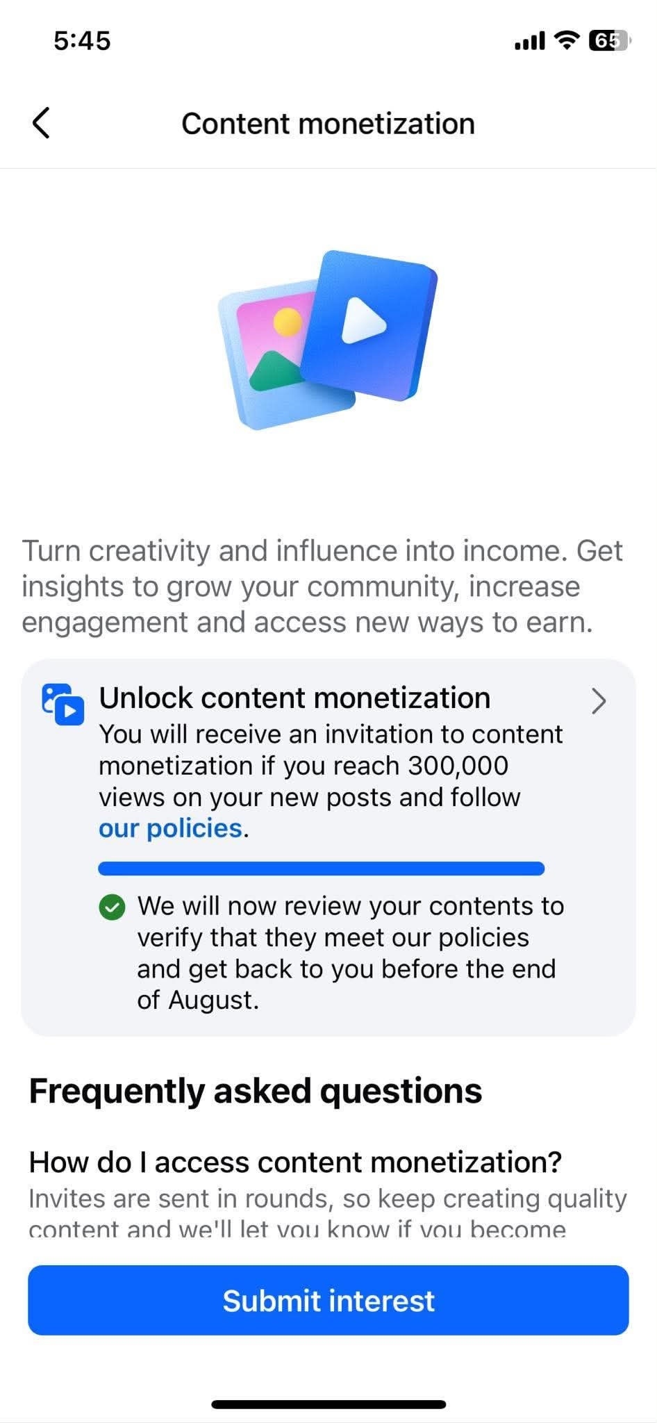 Content monetization Task complete page