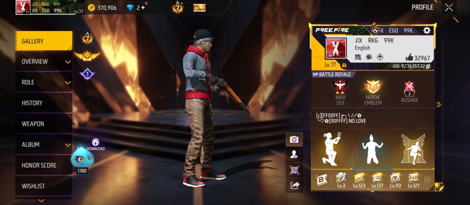 Bangladesh server ff account... Prime level 7, 137k diamond used,1 evo max