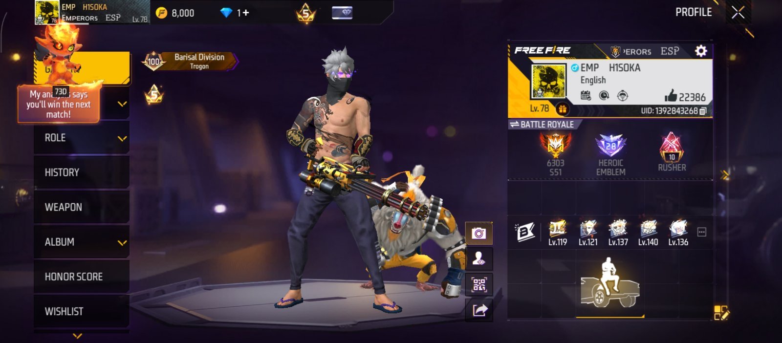 78 Level, Mp40 6 level, Prime 5level, 7years Old, Old Elitepass and white hair,