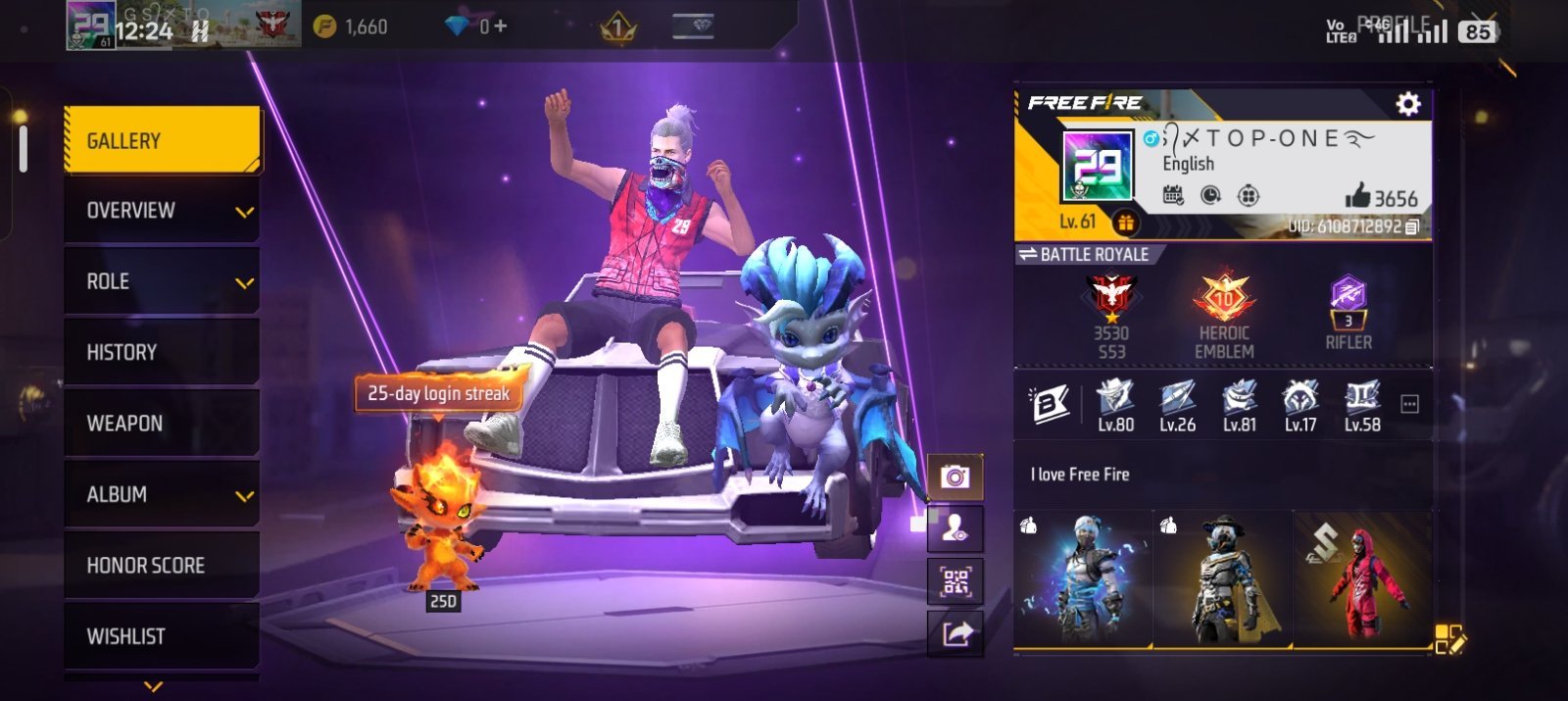 Free Fire Level 61 Account – Heroic Rank