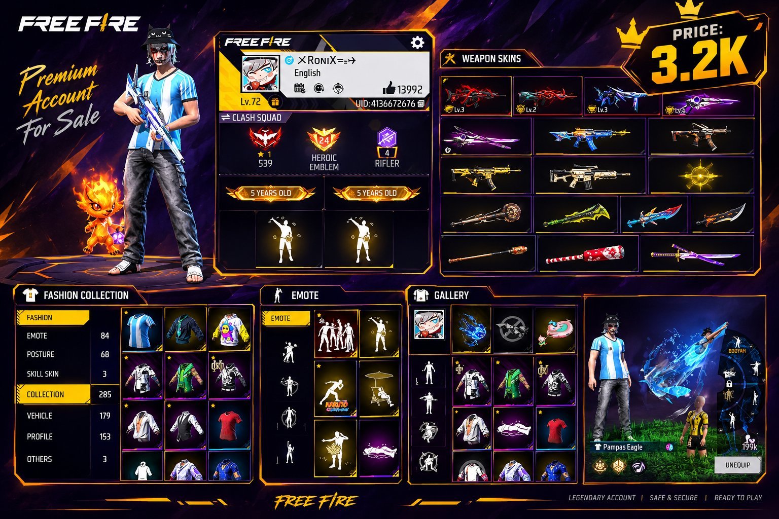 🔥 Free Fire ID For Sale 🔥 | Level 72 | Heroic Account |  UID: 4136672676