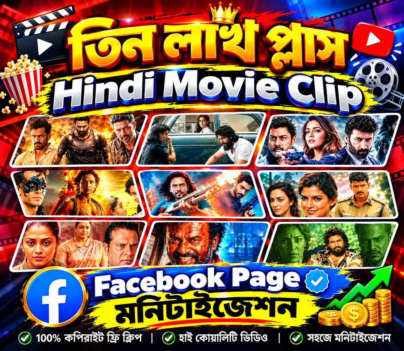 ৩ লাখ প্লাস Hindi Movie ClipFacebook Page Monetization কপিরাইট ফ্রি ভিডিও