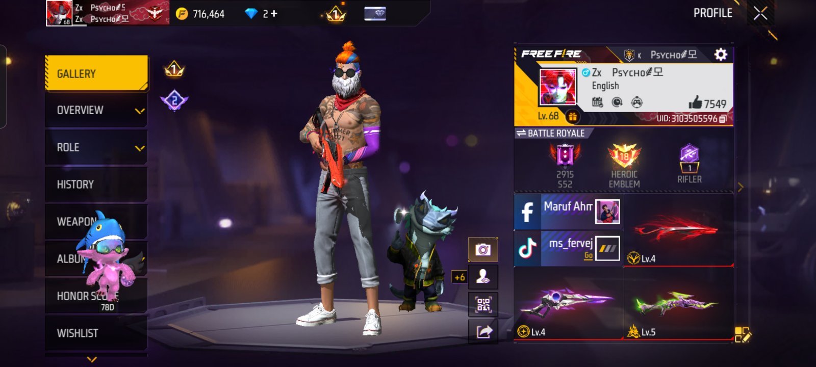 Free Fire Account 68 Level,9 Evo Gun
