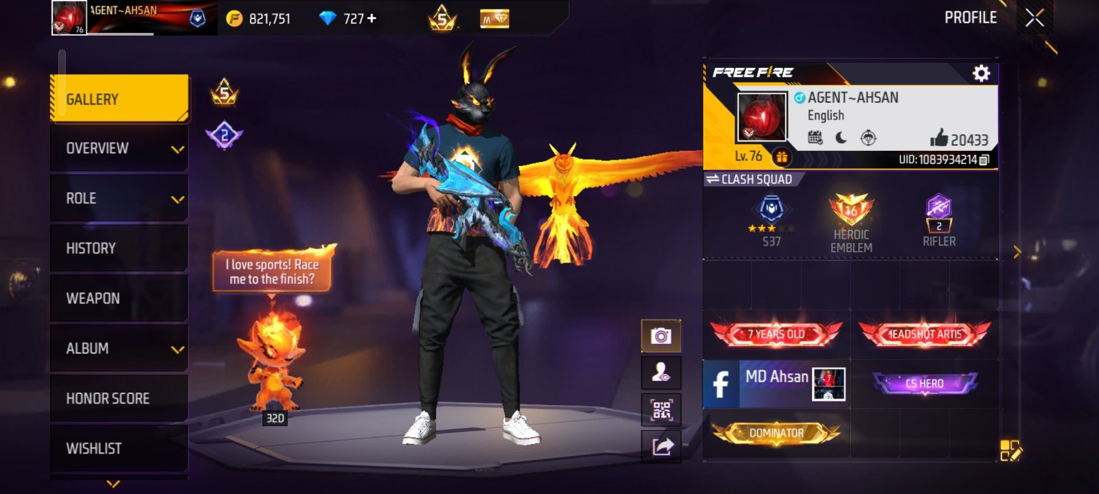 Free fire 76 level  7 years old ID