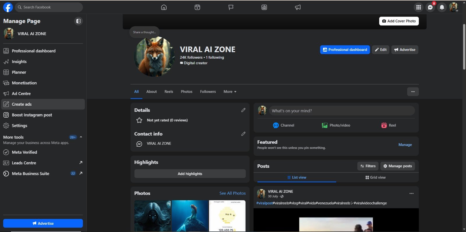 🔥 কম দামে ভাইরাল পেজ -- VIRAL AI ZONE — 24K+ Followers | 11M+ Views 🚀